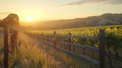 Fototapeta premium serene evening at a countryside vineyard with ripe grapes on the vines, a wooden fence, and the golden glow of the sunset, Generative AI