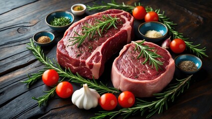 A selection of raw steaks including Ribeye, tomahawk, and T-bone cuts displayed on a stone surface with space for text.