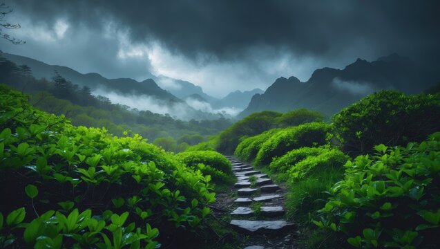 Fototapeta Beautiful natural fresh green spring nature with mountain views and lush surroundings. A rainy moody hiking outdoor adventure day.