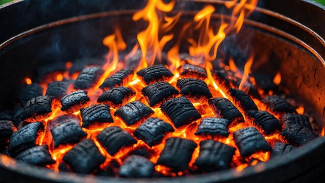 Close-Up of a Barbecue Grill Pit with Glowing and Flaming Hot Charcoal Briquettes