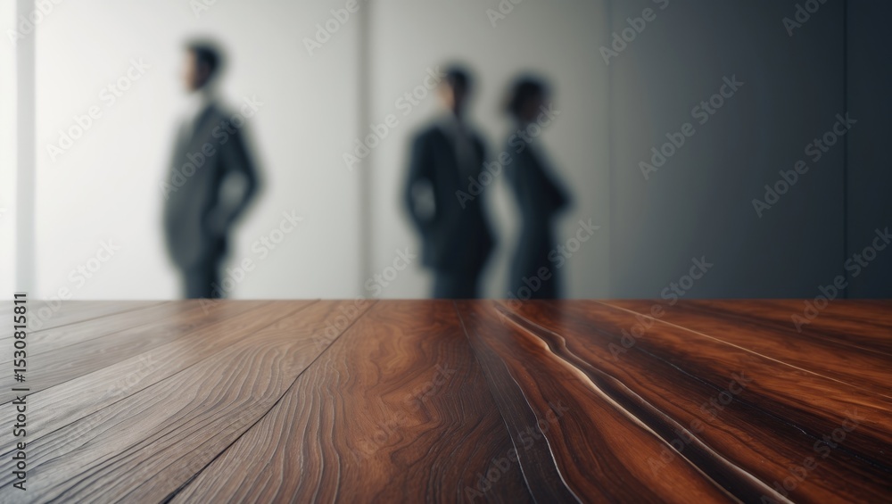 Poster a wooden table top with a background and individuals who are not clearly visible. the main visual ar