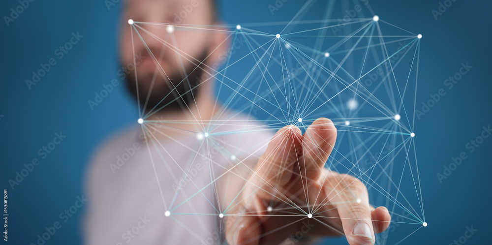 Aufkleber Abstract image of a man's hand interacting with a digital network, representing connection and technology.