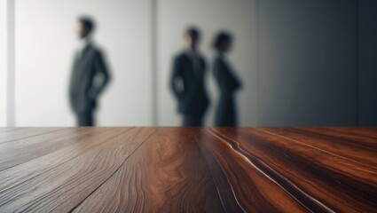 A wooden table top with a background and individuals who are not clearly visible. The main visual arrangement for montage product display or design.