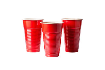 Three red plastic disposable party cups with ribbed texture arranged in triangular formation, isolated on a transparent background