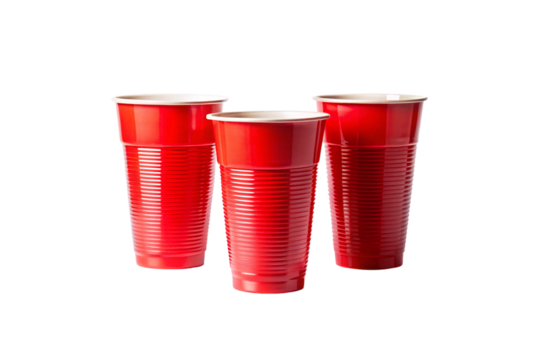Three red plastic disposable party cups with ribbed texture arranged in triangular formation, isolated on a transparent background - Powered by Adobe