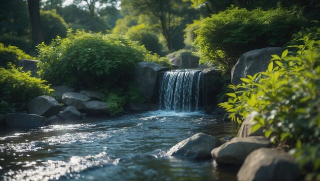 A small, natural waterfall cascading over rocks, encircled by lush greenery and wild plants in a tranquil natural scenery.