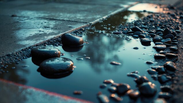 Abstract puddle reflection of rain water on the pavement and asphalt road during rainy day.