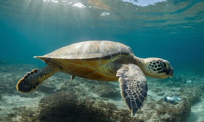 Obraz premium Sea turtle gracefully gliding through the clear blue ocean waters