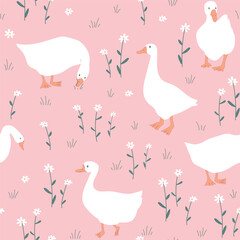 Hand drawn nursery pattern with cute cartoon goose and daisy flowers. Seamless vector background.
