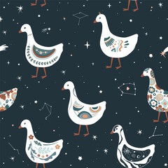 Cute cartoon geese among the stars seamless pattern. Doodle patterned goose collection. Rustic, nursery, folk, or Scandinavian style. Vector background
