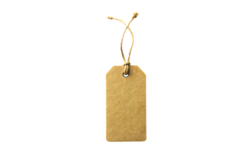 Light brown paper price tag with natural fiber string cord attachment, isolated on a transparent background