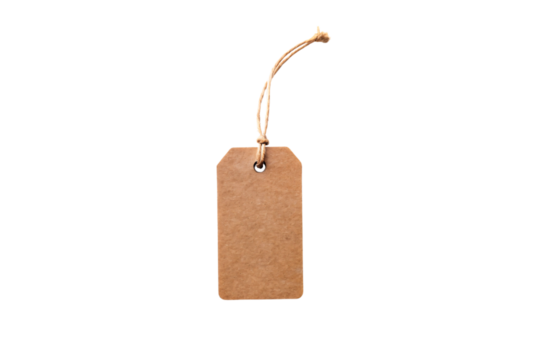 Brown kraft paper luggage tag with natural twine string hanging loop, isolated on a transparent background