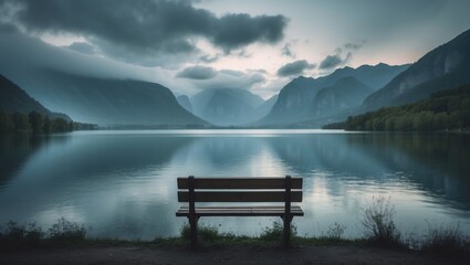 Beautiful landscape featuring a lake encircled by mountains on a cloudy evening.