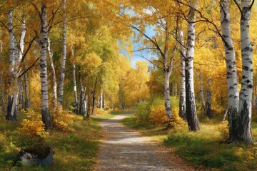 Obraz premium Autumn birch forest scenic view on white background