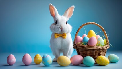 Against a stunning blue background, the adorable white rabbit pulls a basket filled with colorful eggs.
