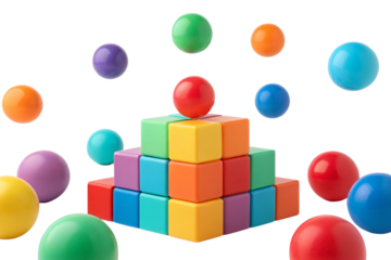 Rainbow colored building blocks arranged in pyramid formation with red sphere on top, isolated on a transparent background