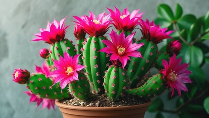 Beautiful False Christmas Cactus beginning to bloom with Pink flowers. Green foliage. Portrait