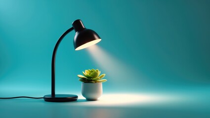 A table lamp casting a beam of light onto a small plant. Desktop plants. Ray representing the concept.