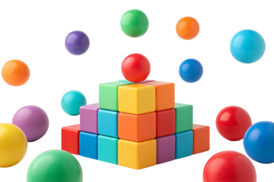 Rainbow colored building blocks arranged in pyramid formation with red sphere on top, isolated on a transparent background