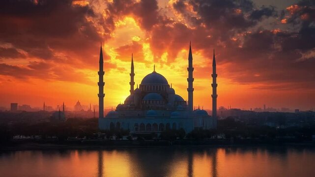 The mosque glowed beautifully at sunset, its golden domes reflecting the warm colors of the sky.
