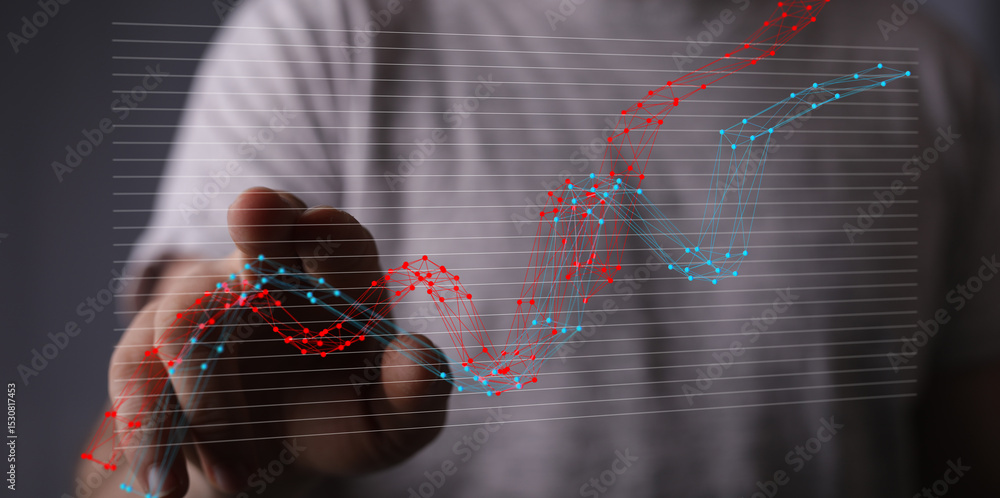 Poster Hand interacting with a digital graph showing market trends and financial data analysis.