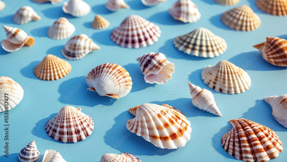 Poster background featuring seashells border on blue. space for text. top view with available copy space.