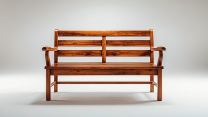 A wooden bench positioned on a white background.