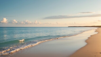 A tranquil beach alongside a calm sea.