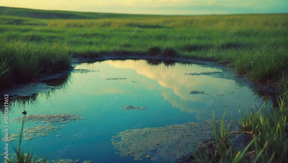 Poster a water puddle in a field with a cloudy sky overhead. the puddle is bordered by grass, and the sky i