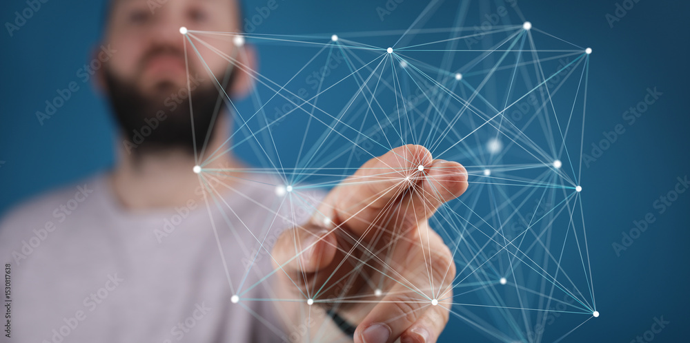 Aufkleber Abstract image of a man's finger touching a digital network, representing connection and technology.