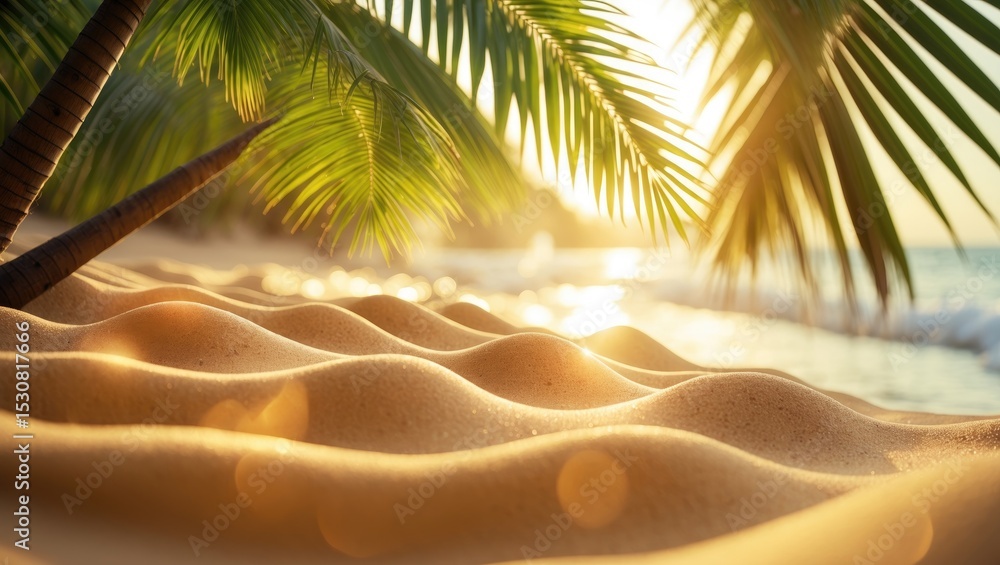 Poster beach background with sand and palm decoration. summer image offering open space for your customizat