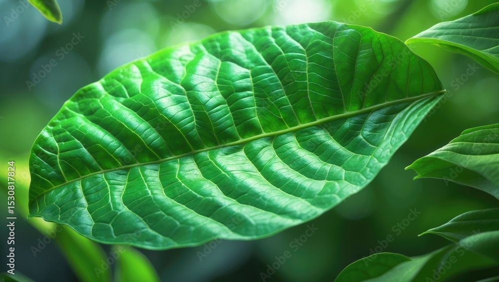 Poster beautiful green leaf texture background showing detailed leaf in nature with an exotic pattern. fres