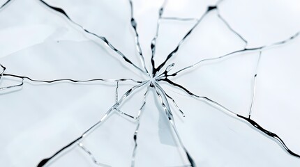 Close-up of shattered glass with sharp, distinct cracks radiating from a central point on a bright white background