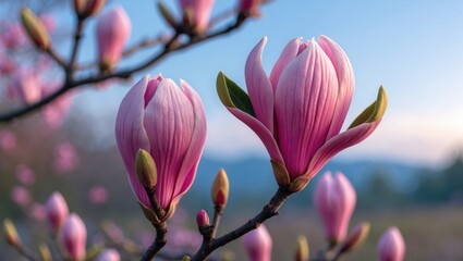Fototapeta premium Beautiful Magnolia tree with blossoming flowers and bokeh background 9