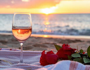 A glass of rosé wine and a small bouquet of red roses rest on a white blanket by the beach during a peaceful and romantic sunset.