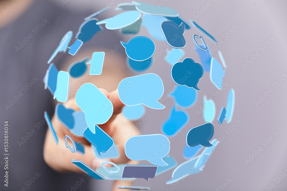 Poster Abstract image of a sphere filled with chat bubbles, symbolizing global communication and networking.