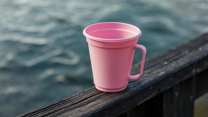 A pink plastic measuring cup with a handle positioned on a black, slightly stained surface.