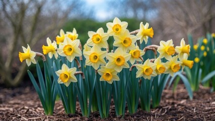 A lively group of yellow daffodils blossoms in a garden bed, encircled by lush green leaves and mulch. The background displays a gentle blur of shrubs.