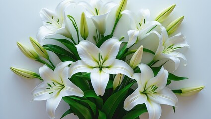 Fototapeta premium Beautiful lilies displayed on a white background, suitable for funeral flowers