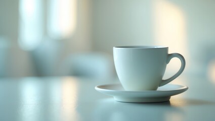 A plain white coffee cup placed on a table within a bright, spacious, and airy environment.