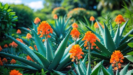 A lively garden displaying orange plants and rocks, highlighting aloe vera and various flora at The Huntington, California.