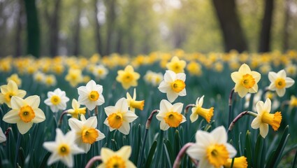 Obraz premium Amazing Yellow Daffodils flower field in the morning sunlight. The ideal image for spring background, flower landscape.