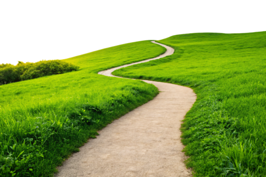 Winding dirt path curving through vibrant green rolling hills and meadows under bright natural lighting, isolated on a transparent background - Powered by Adobe