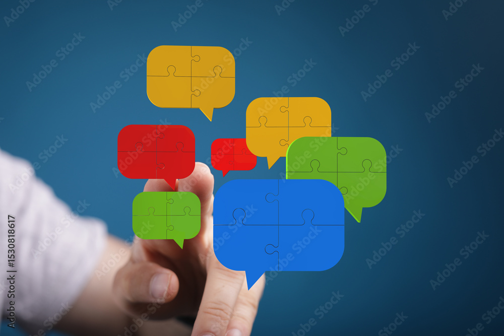 Poster abstract image of puzzle pieces forming speech bubbles, symbolizing communication and collaboration.