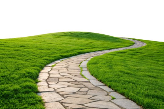 Stone paved pathway curving through verdant grass hills with irregular flagstone pattern and moss growth, isolated on a transparent background