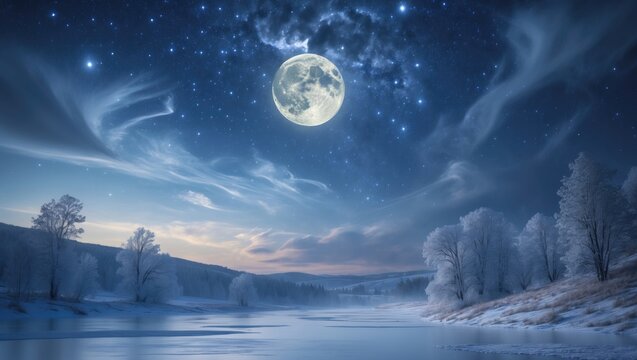 Background of a mystical night sky with stars, clouds, and a full moon. In the region, there is winter landscape in the foreground and a starry night. - Powered by Adobe