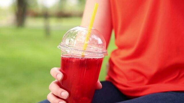 Close-up of female hands with lemonade in a disposable cup. Summer drink. Girl in a bright T-shirt sits in the park. Summer and recreation concept. Pink lemonade with raspberry and lime