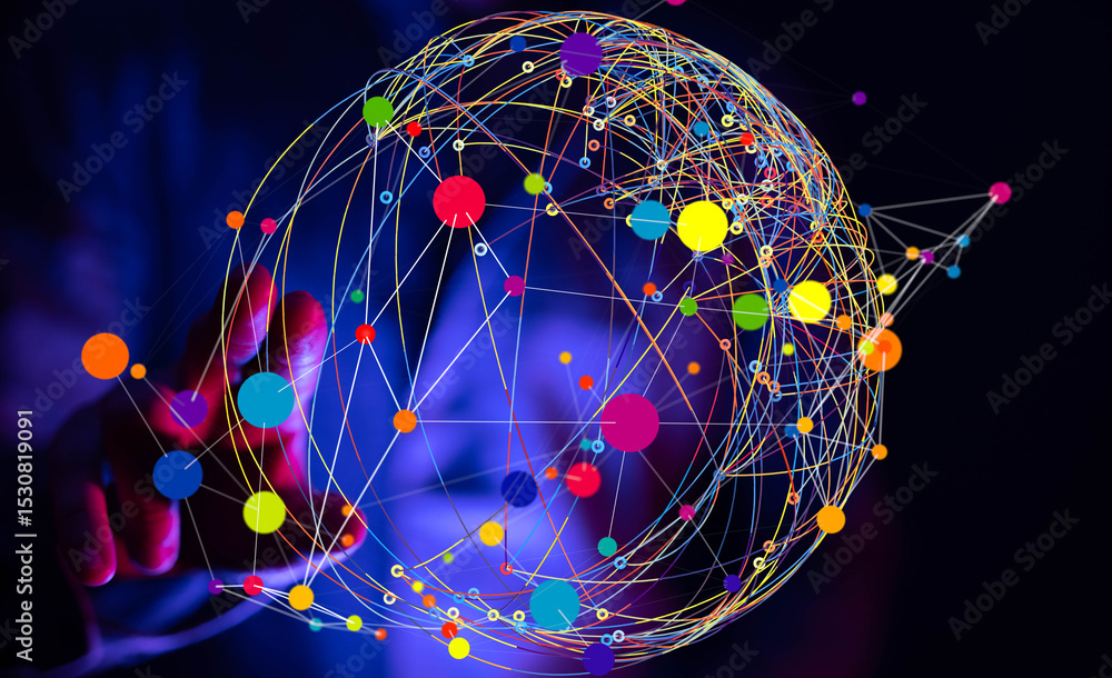 Poster Abstract image of a global network, showcasing interconnected nodes and lines. Represents connection, communication, and technology.