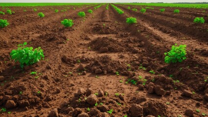 Aerial view of soil rows in a field prior to planting. Furrows arranged in a row pattern in a prepared plowed field for crop planting.