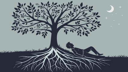 Silhouette of a man lying under a tree with exposed roots under a moonlit sky with stars visible